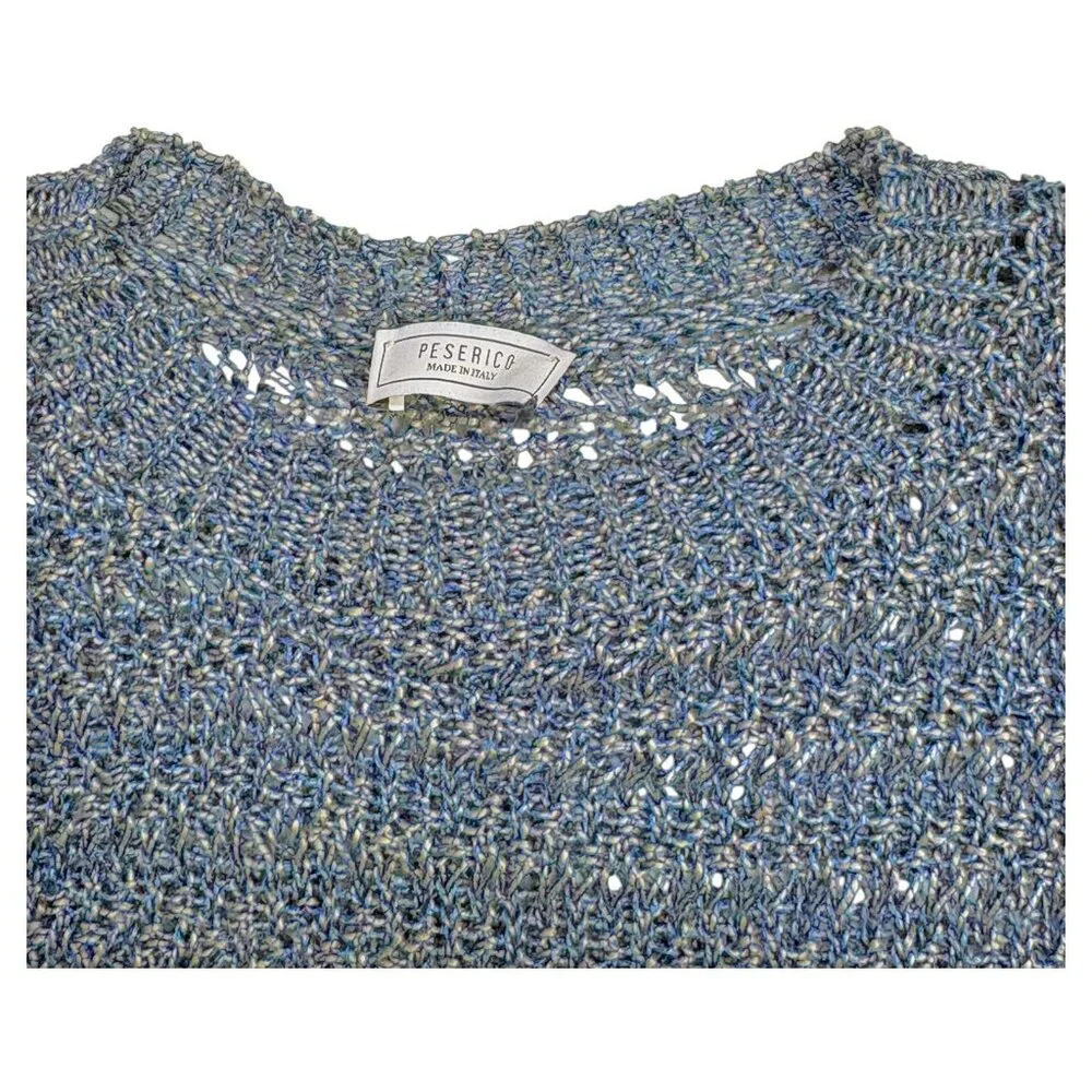 Peserico Blue Open Knit Linen Blend Crewneck Italian Sweater - Picture 4 of 9